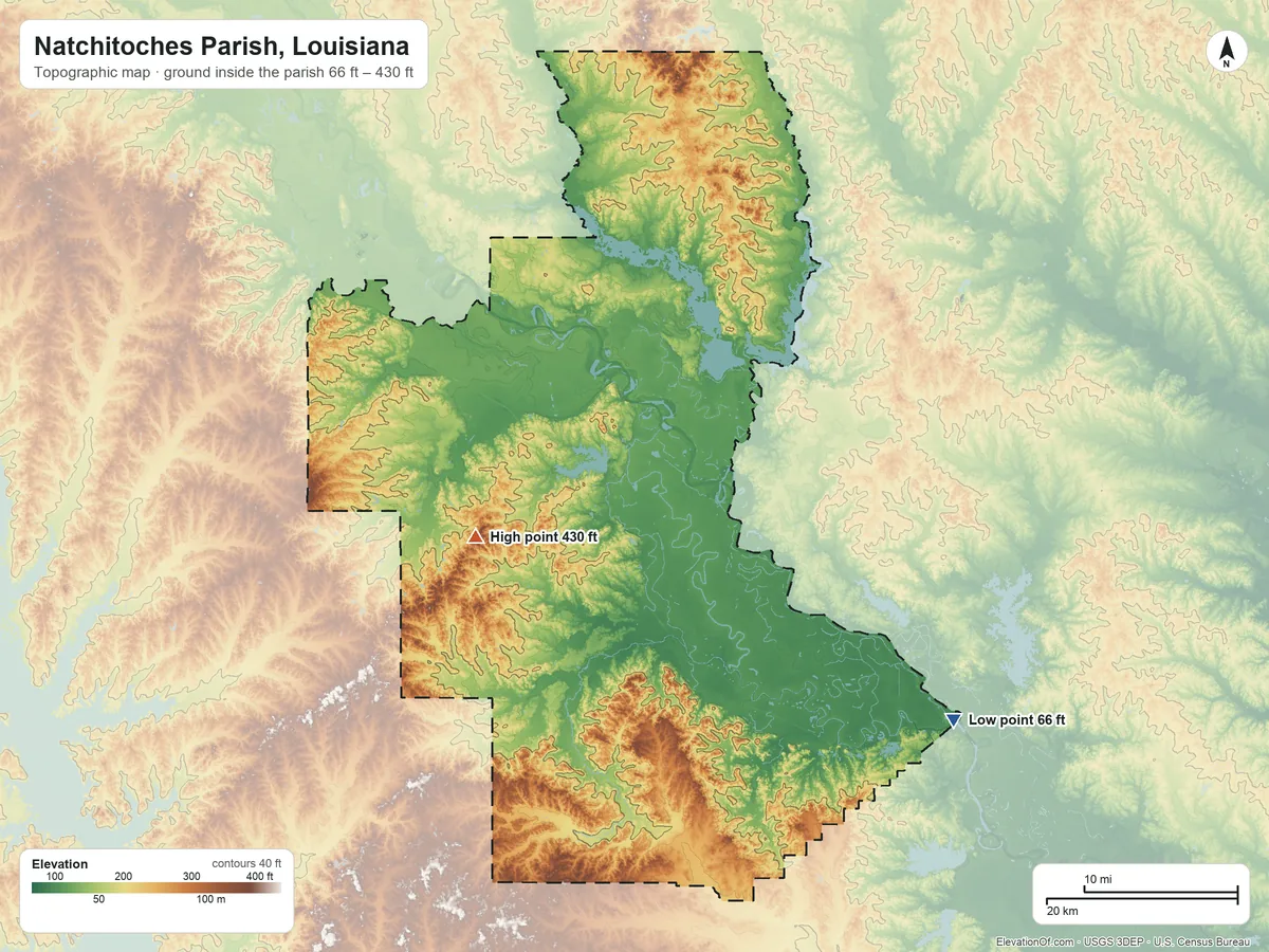 Topographic elevation map of Natchitoches Parish, Louisiana, shaded from 66 ft on the southeast side to 430 ft on the west side