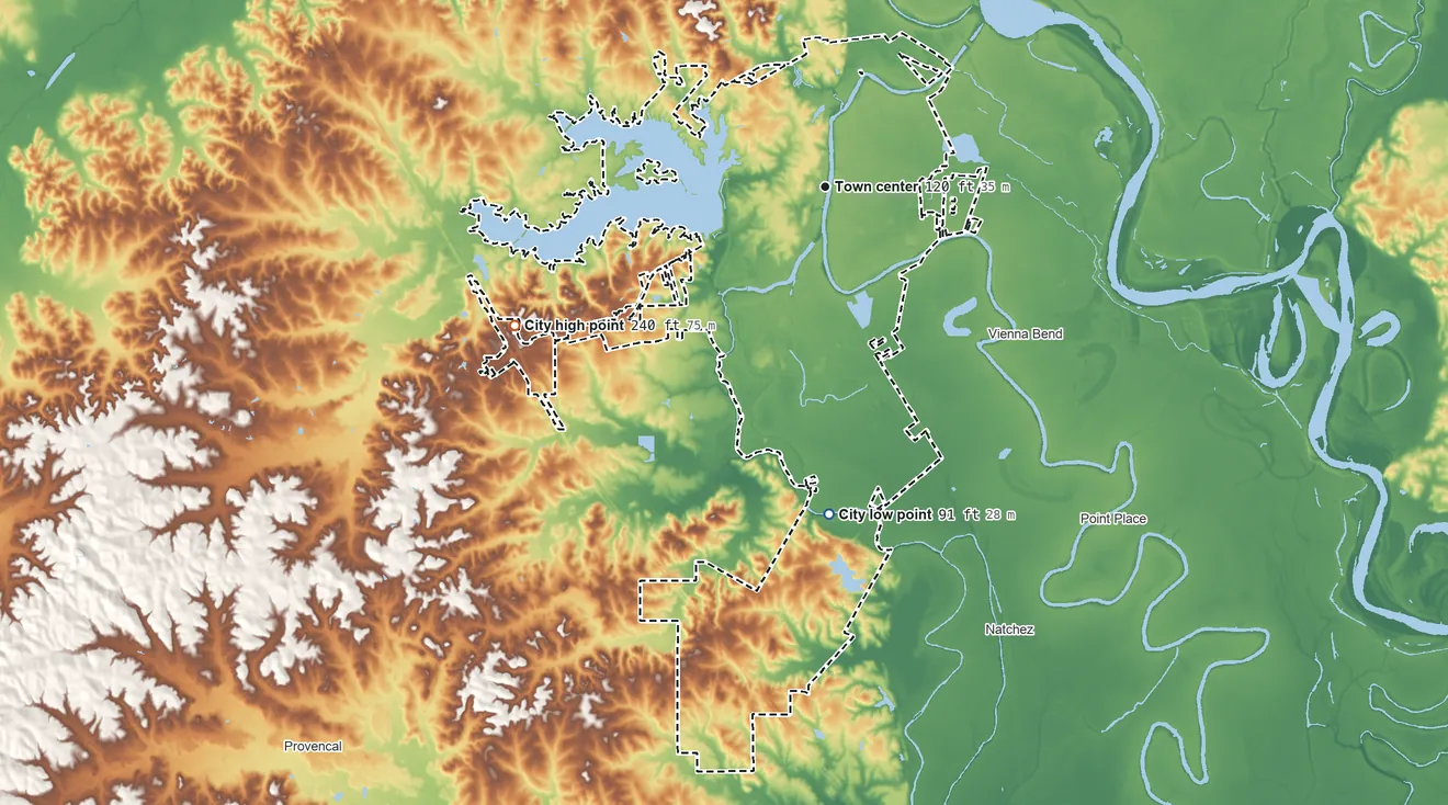 Topographic elevation map of Natchitoches, Louisiana, shaded from 91 ft on the south side to 240 ft on the southwest side