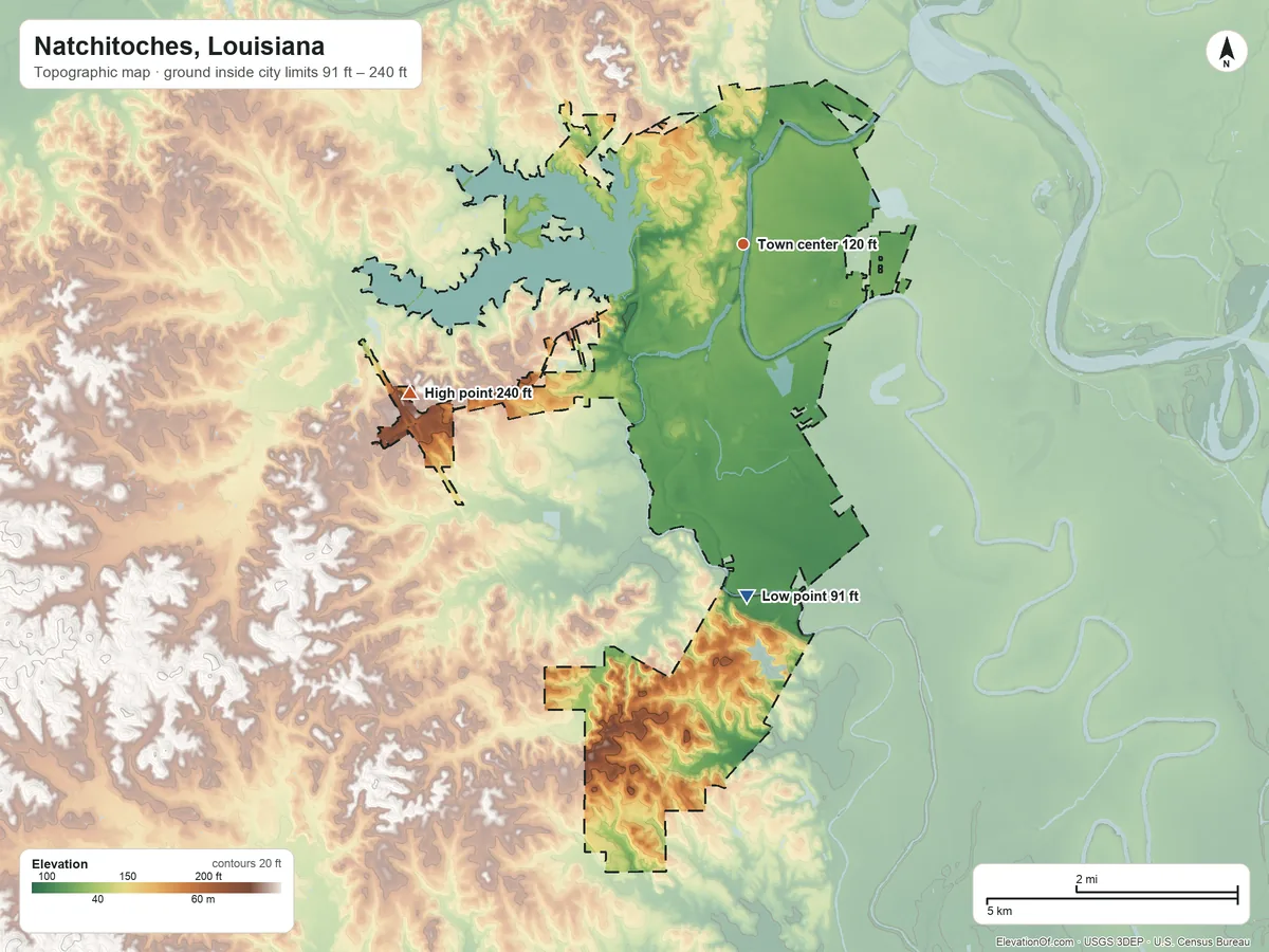 Topographic elevation map of Natchitoches, Louisiana, shaded from 91 ft on the south side to 240 ft on the southwest side