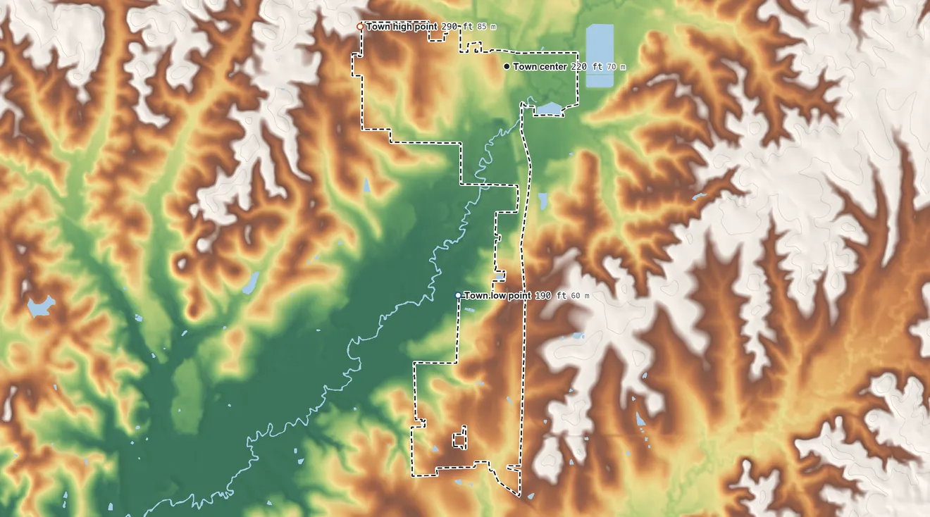 Topographic elevation map of New Llano, Louisiana, shaded from 190 ft on the south side to 290 ft on the west side