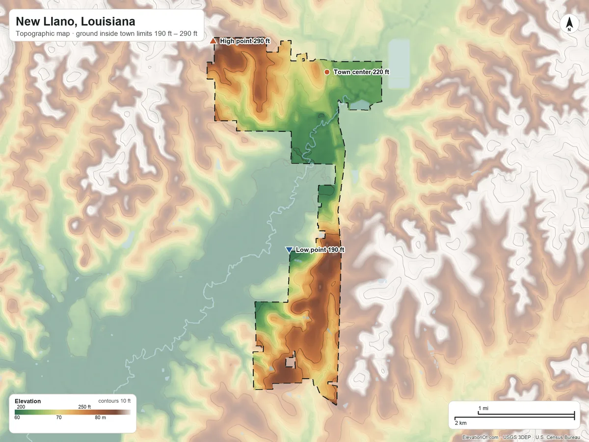Topographic elevation map of New Llano, Louisiana, shaded from 190 ft on the south side to 290 ft on the west side