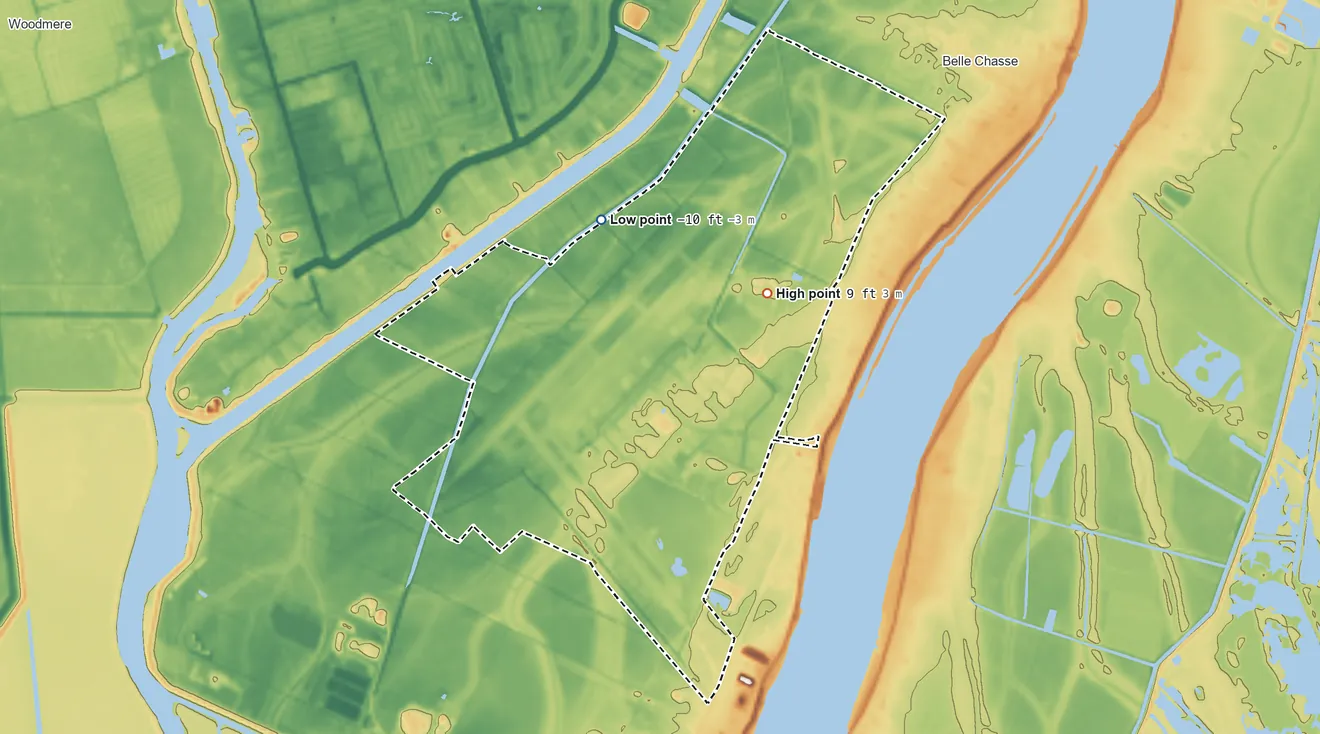 Topographic elevation map of New Orleans Station, Louisiana, shaded from −10 ft on the northwest side to 9 ft near the middle