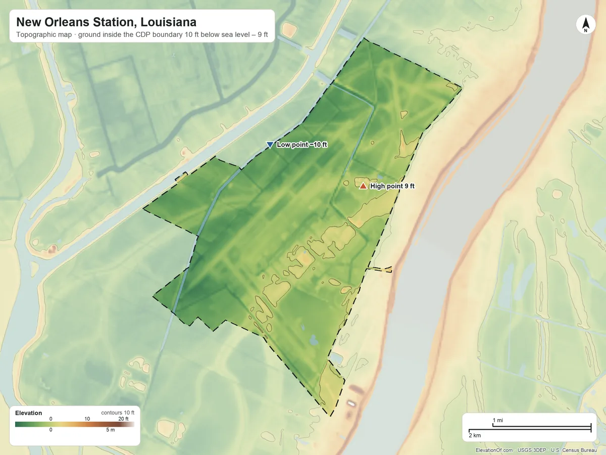 Topographic elevation map of New Orleans Station, Louisiana, shaded from −10 ft on the northwest side to 9 ft near the middle