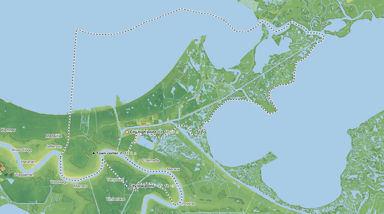 Topographic elevation map of New Orleans, Louisiana, shaded from −15 ft on the southeast side to 84 ft on the northeast side