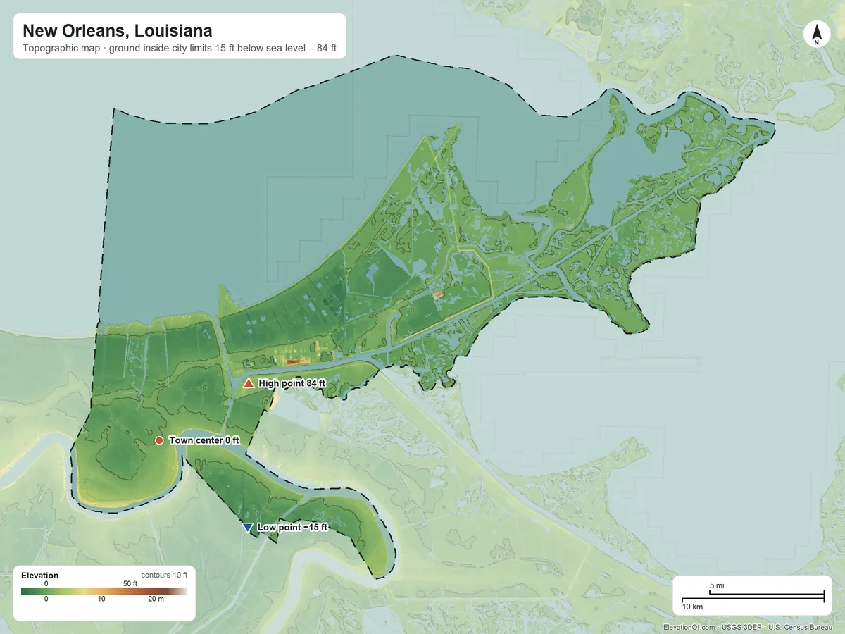 Topographic elevation map of New Orleans, Louisiana, shaded from −15 ft on the southeast side to 84 ft on the northeast side