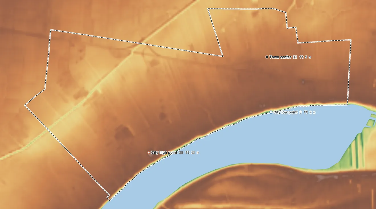 Topographic elevation map of New Roads, Louisiana, shaded from 8 ft on the south side to 38 ft on the southwest side