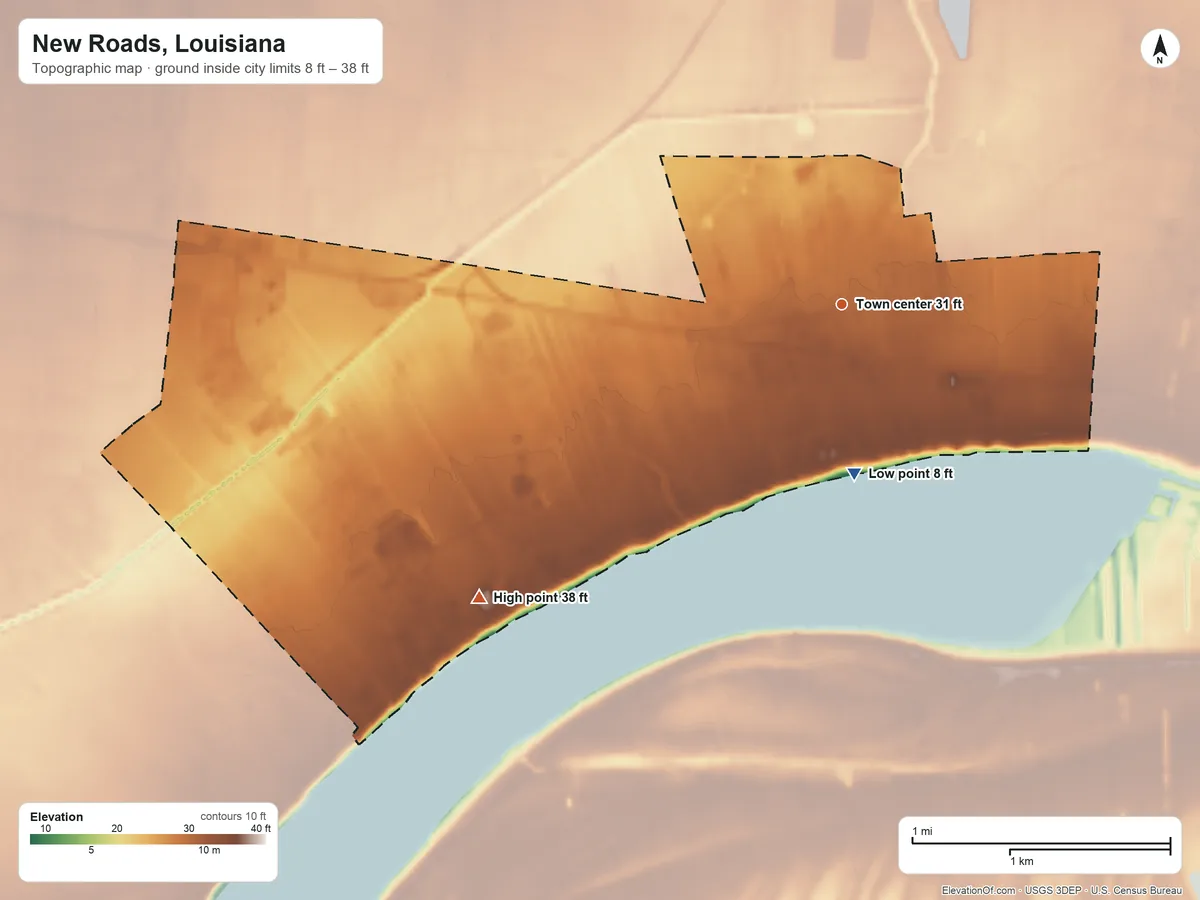 Topographic elevation map of New Roads, Louisiana, shaded from 8 ft on the south side to 38 ft on the southwest side