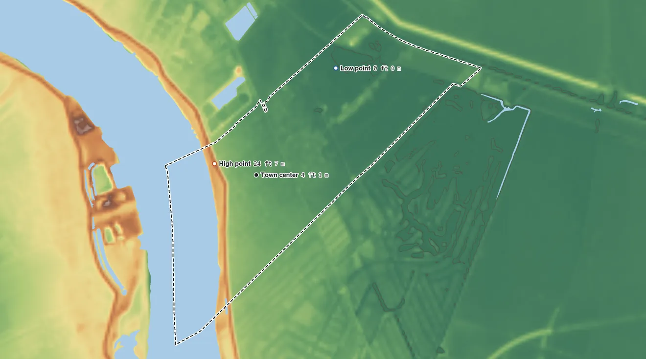 Topographic elevation map of New Sarpy, Louisiana, shaded from 0 ft on the northeast side to 24 ft near the middle