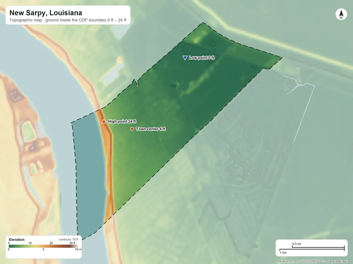 Topographic elevation map of New Sarpy, Louisiana, shaded from 0 ft on the northeast side to 24 ft near the middle
