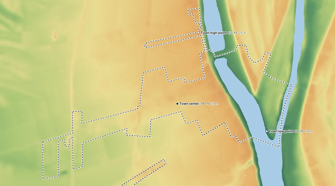 Topographic elevation map of Newellton, Louisiana, shaded from 64 ft on the east side to 83 ft on the north side