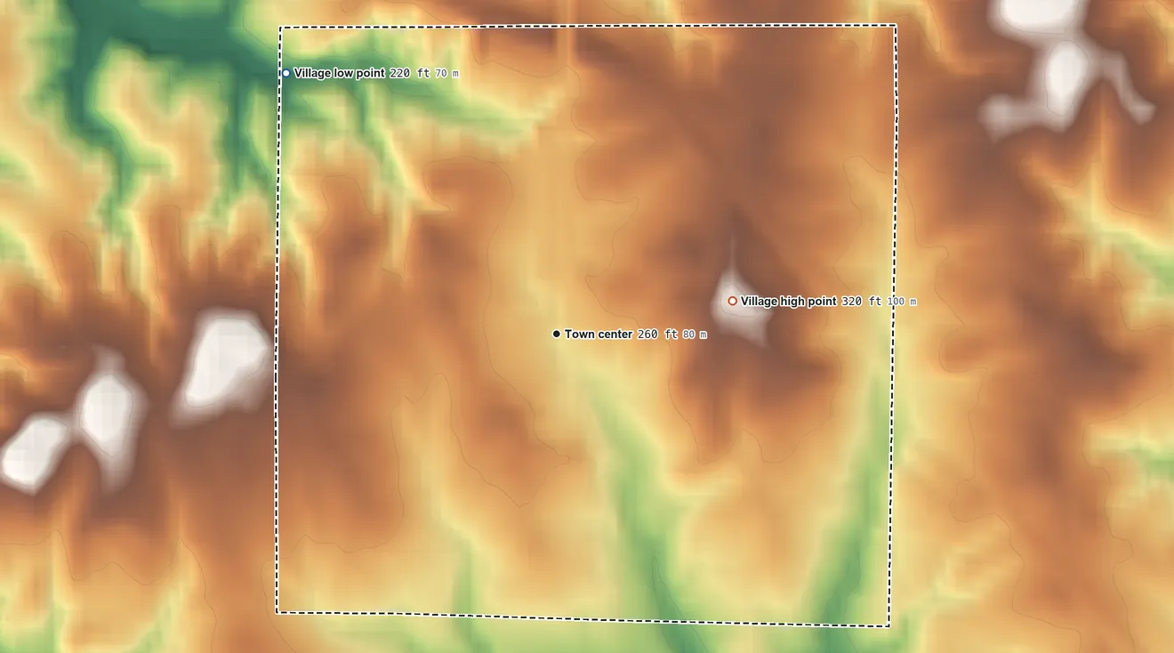 Topographic elevation map of Noble, Louisiana, shaded from 220 ft on the northwest side to 320 ft on the east side