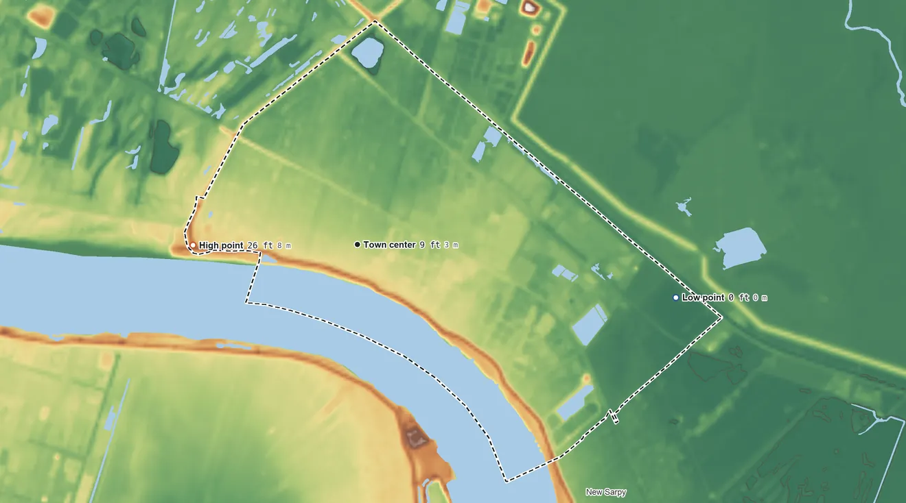 Topographic elevation map of Norco, Louisiana, shaded from 0 ft on the east side to 26 ft on the west side