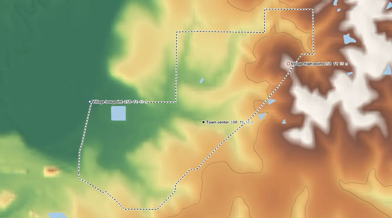 Topographic elevation map of North Hodge, Louisiana, shaded from 150 ft on the west side to 250 ft on the northeast side