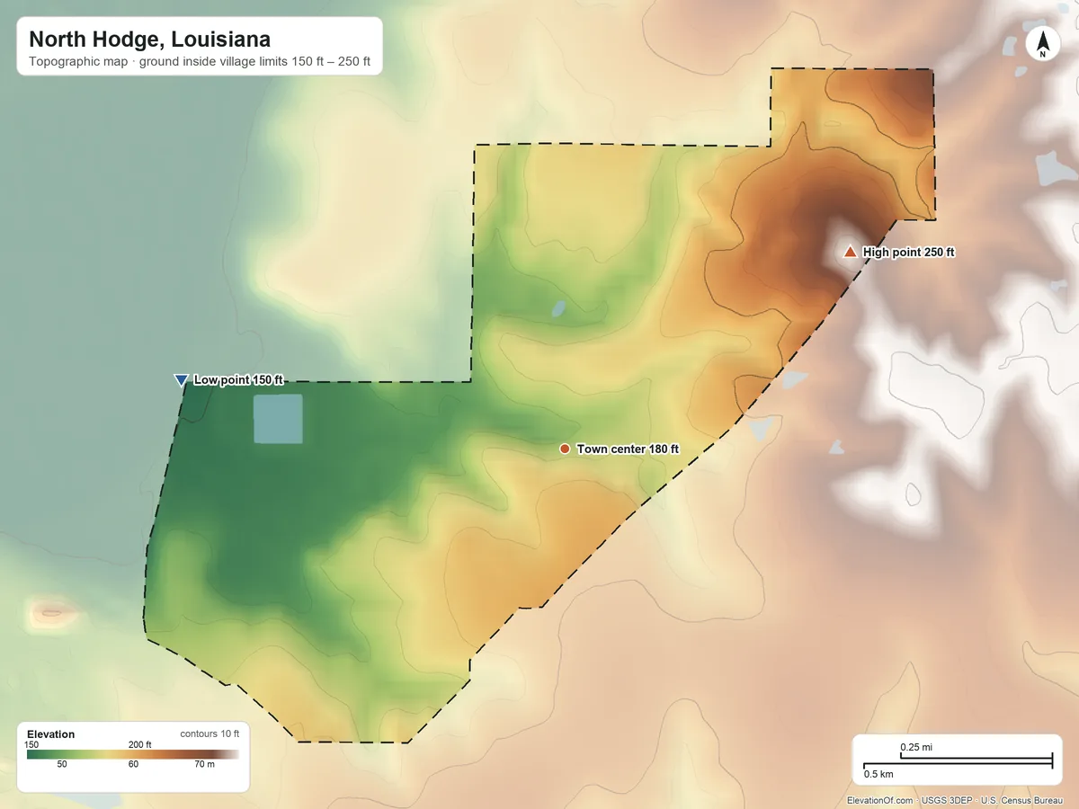 Topographic elevation map of North Hodge, Louisiana, shaded from 150 ft on the west side to 250 ft on the northeast side