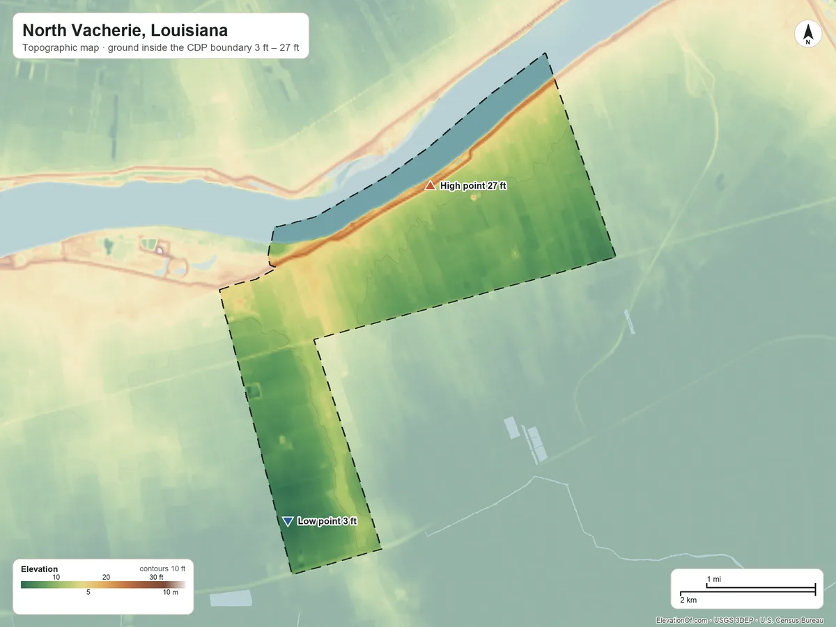 Topographic elevation map of North Vacherie, Louisiana, shaded from 3 ft on the south side to 27 ft on the northeast side