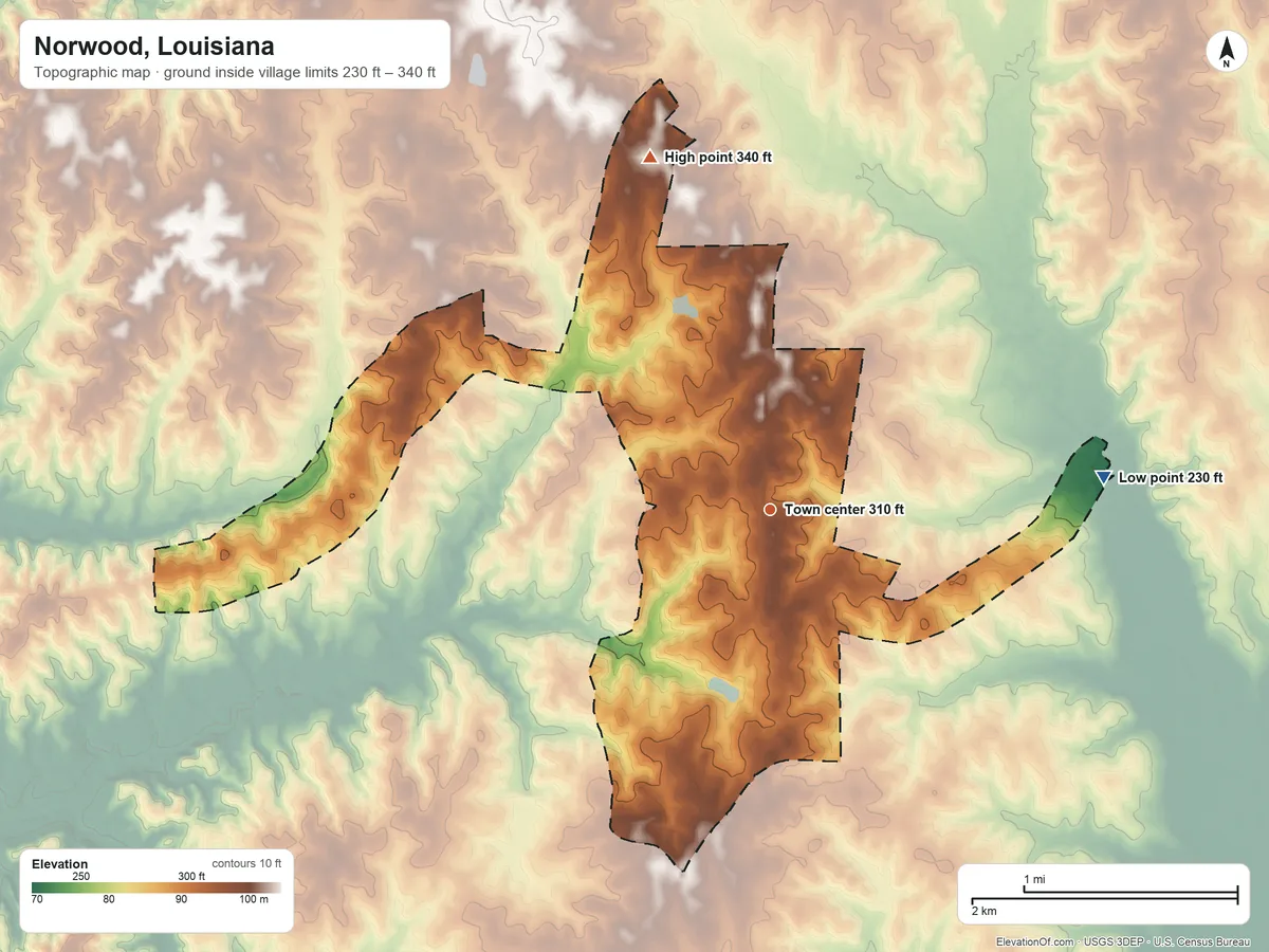 Topographic elevation map of Norwood, Louisiana, shaded from 230 ft on the east side to 340 ft on the north side
