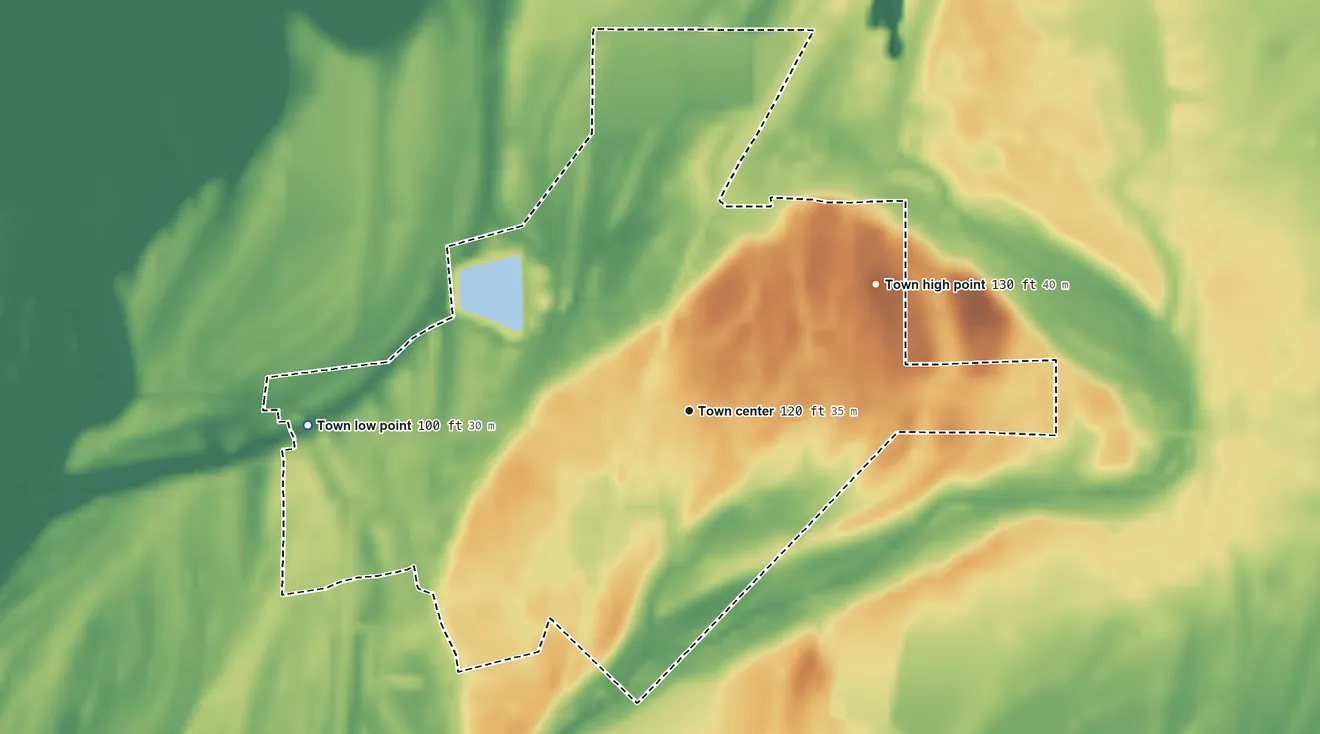 Topographic elevation map of Oak Grove, Louisiana, shaded from 100 ft on the west side to 130 ft on the northeast side