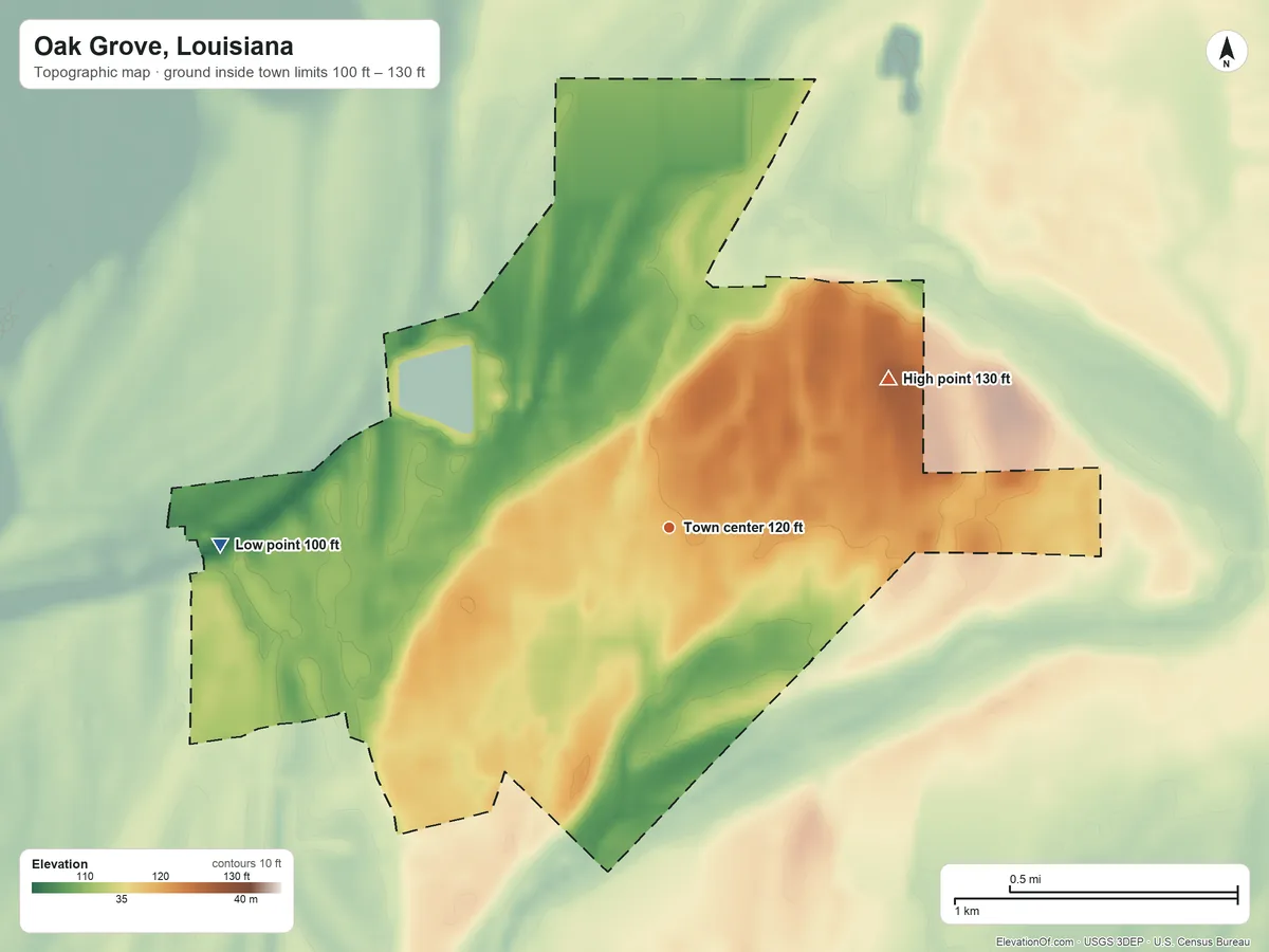 Topographic elevation map of Oak Grove, Louisiana, shaded from 100 ft on the west side to 130 ft on the northeast side