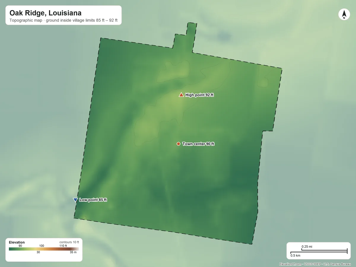 Topographic elevation map of Oak Ridge, Louisiana, shaded from 85 ft on the southwest side to 92 ft on the north side
