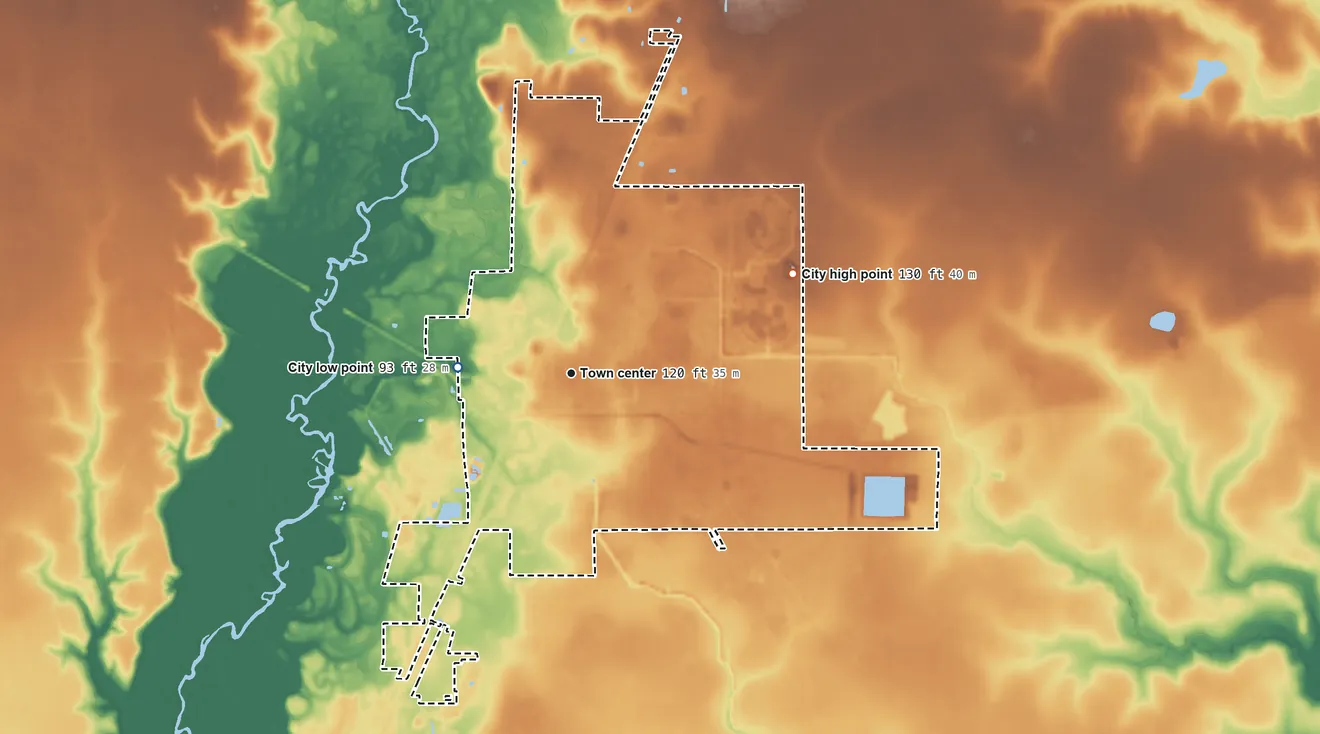 Topographic elevation map of Oakdale, Louisiana, shaded from 93 ft on the west side to 130 ft on the northeast side