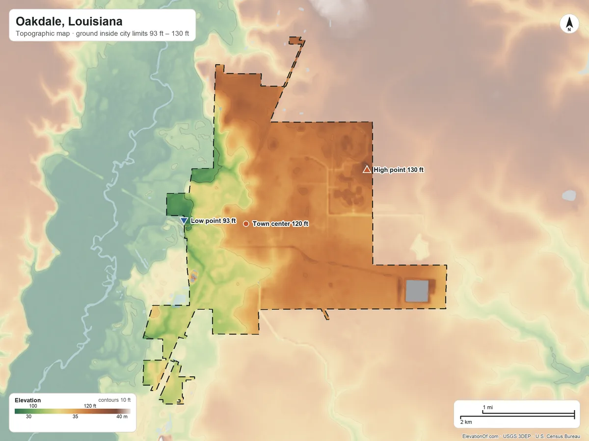 Topographic elevation map of Oakdale, Louisiana, shaded from 93 ft on the west side to 130 ft on the northeast side