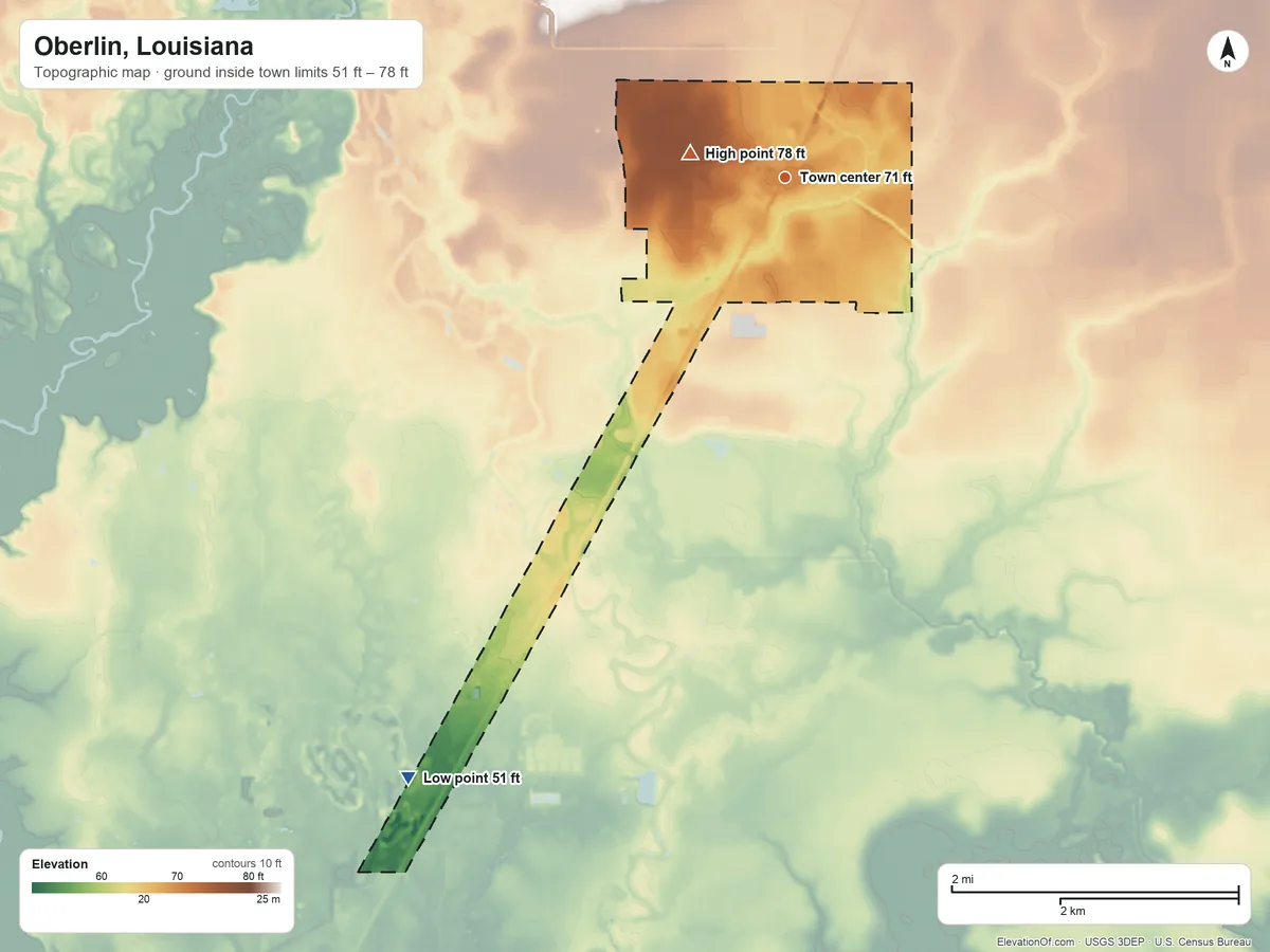 Topographic elevation map of Oberlin, Louisiana, shaded from 51 ft on the southwest side to 78 ft on the west side