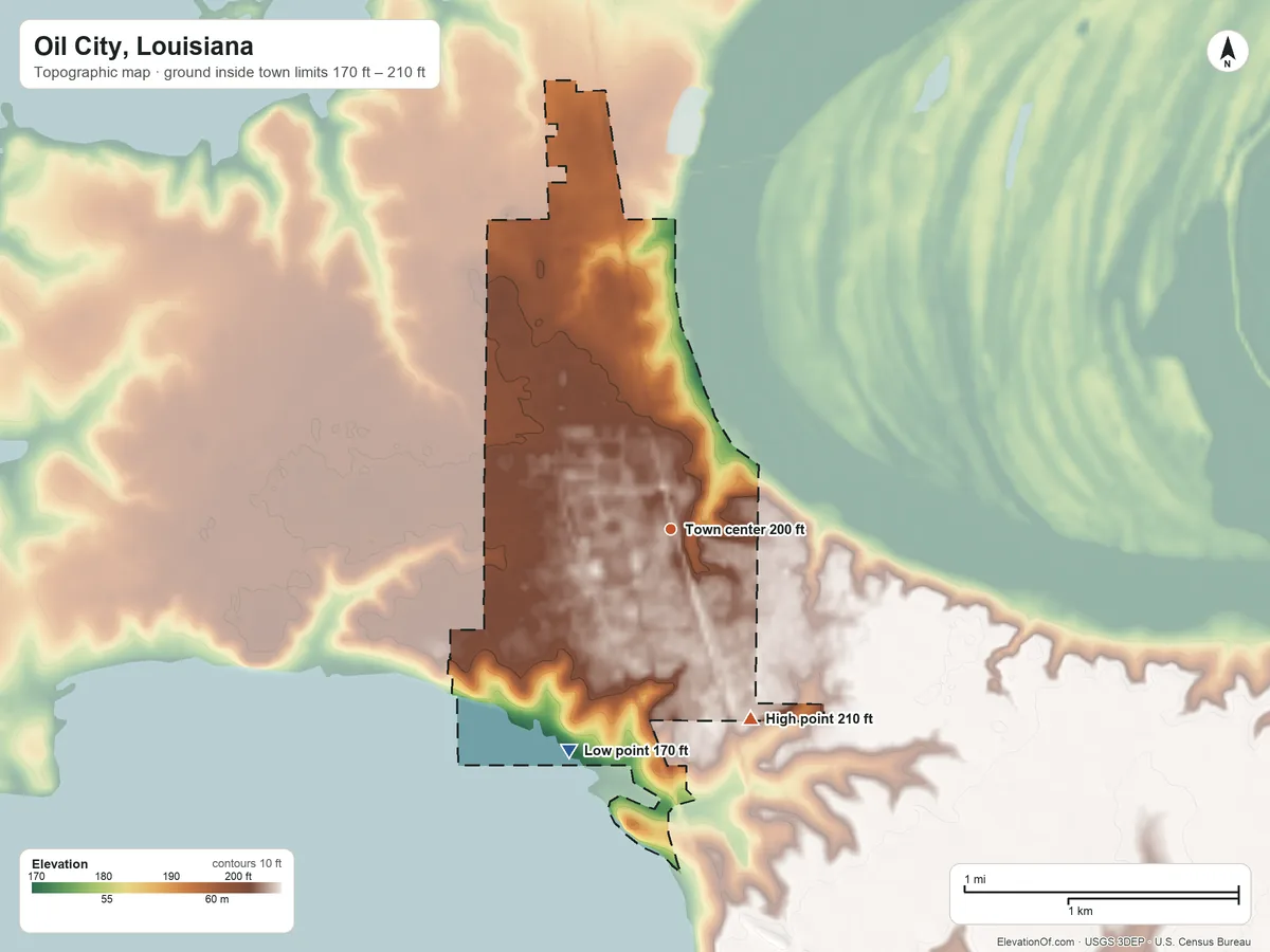 Topographic elevation map of Oil City, Louisiana, shaded from 170 ft on the southwest side to 210 ft on the southeast side