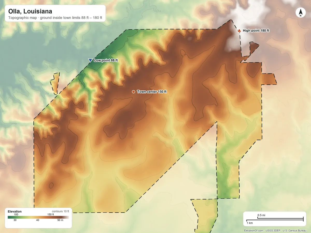 Topographic elevation map of Olla, Louisiana, shaded from 88 ft on the northwest side to 180 ft on the northeast side