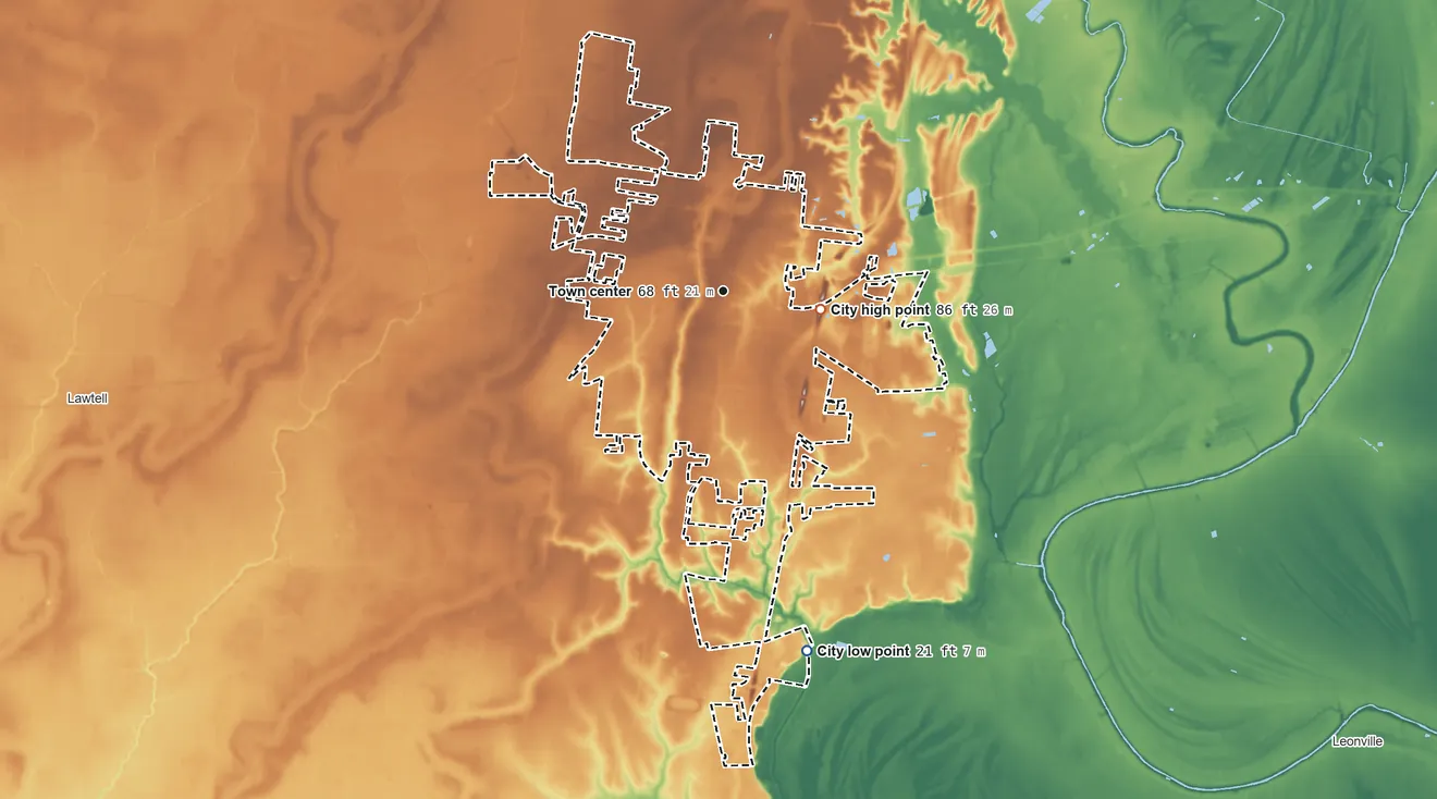 Topographic elevation map of Opelousas, Louisiana, shaded from 21 ft on the south side to 86 ft on the east side