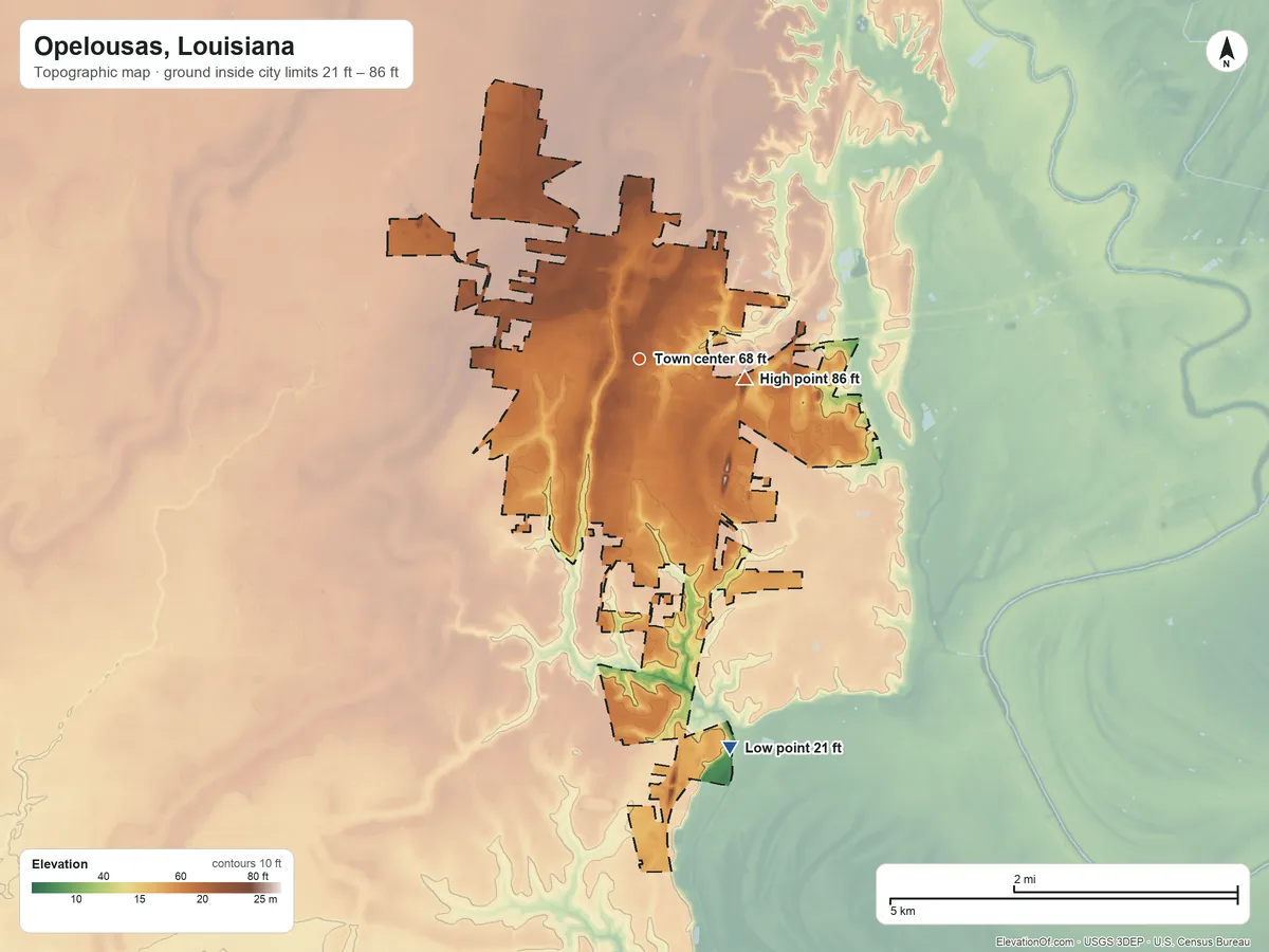Topographic elevation map of Opelousas, Louisiana, shaded from 21 ft on the south side to 86 ft on the east side