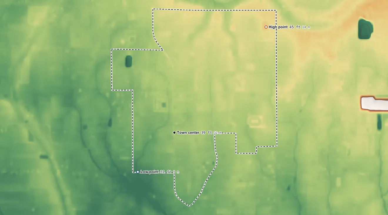 Topographic elevation map of Ossun, Louisiana, shaded from 31 ft on the southwest side to 45 ft on the northeast side