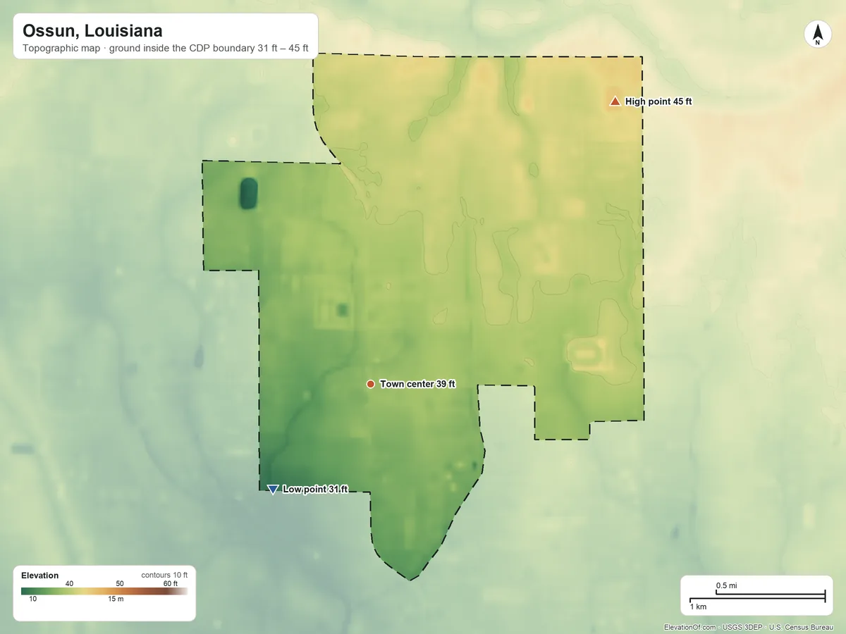 Topographic elevation map of Ossun, Louisiana, shaded from 31 ft on the southwest side to 45 ft on the northeast side