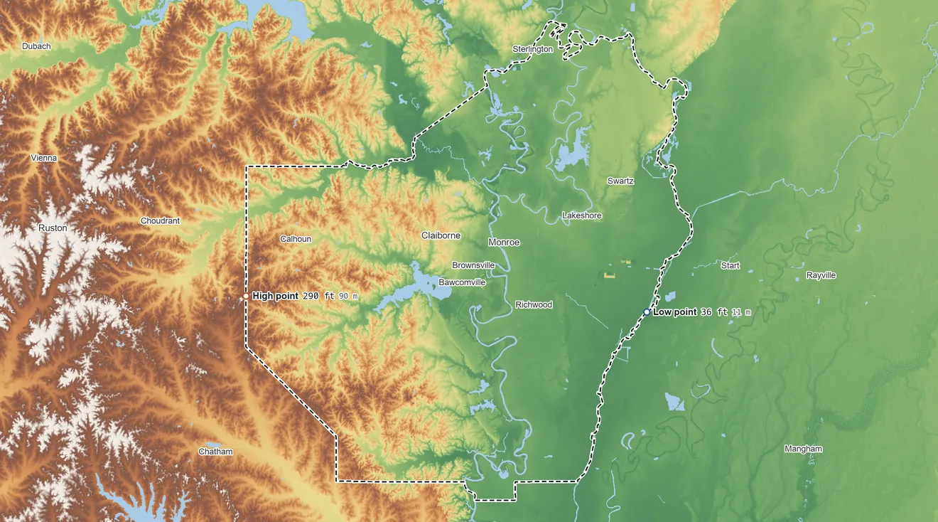 Topographic elevation map of Ouachita Parish, Louisiana, shaded from 36 ft on the east side to 290 ft on the west side