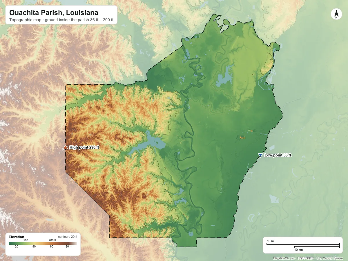 Topographic elevation map of Ouachita Parish, Louisiana, shaded from 36 ft on the east side to 290 ft on the west side