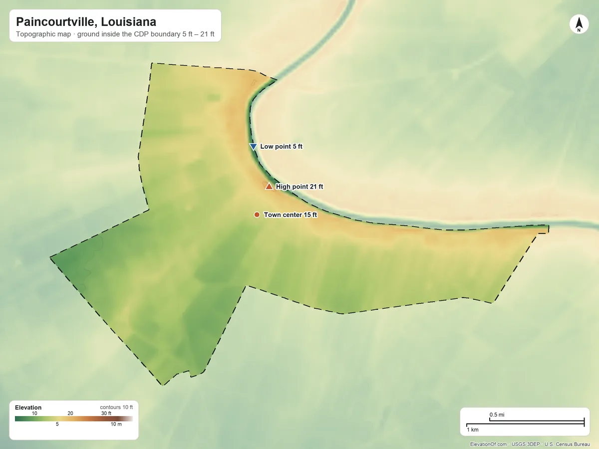 Topographic elevation map of Paincourtville, Louisiana, shaded from 5 ft on the north side to 21 ft near the middle
