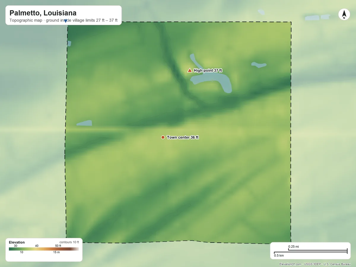 Topographic elevation map of Palmetto, Louisiana, shaded from 27 ft on the northwest side to 37 ft on the north side