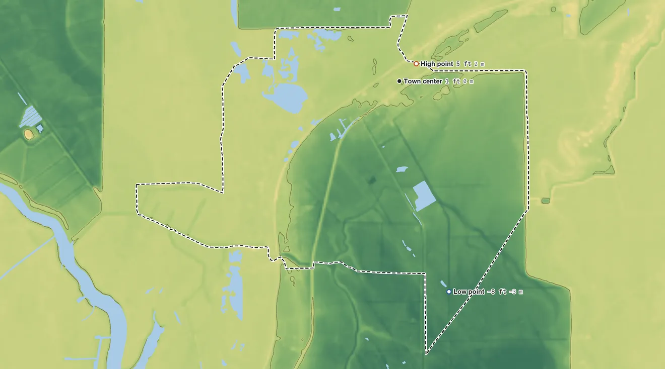Topographic elevation map of Paradis, Louisiana, shaded from −8 ft on the south side to 5 ft near the middle