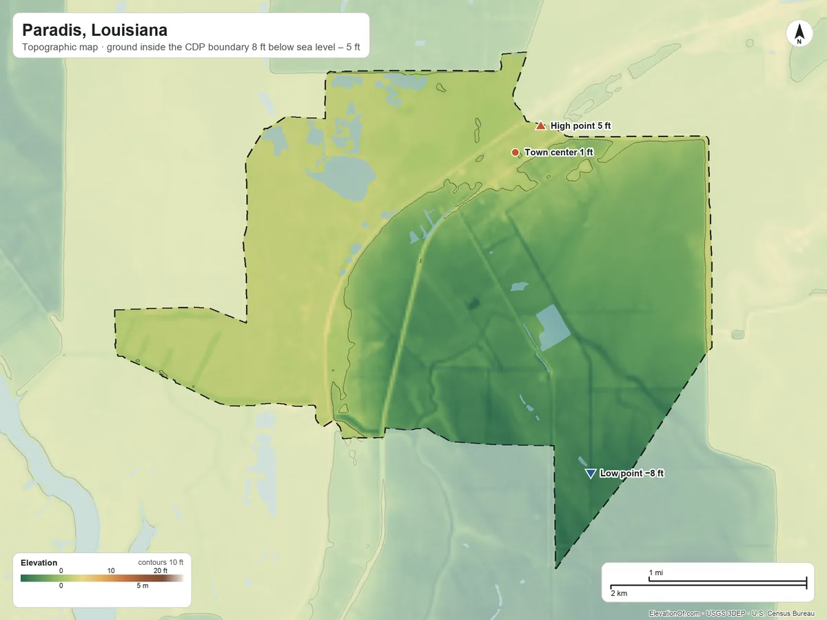 Topographic elevation map of Paradis, Louisiana, shaded from −8 ft on the south side to 5 ft near the middle