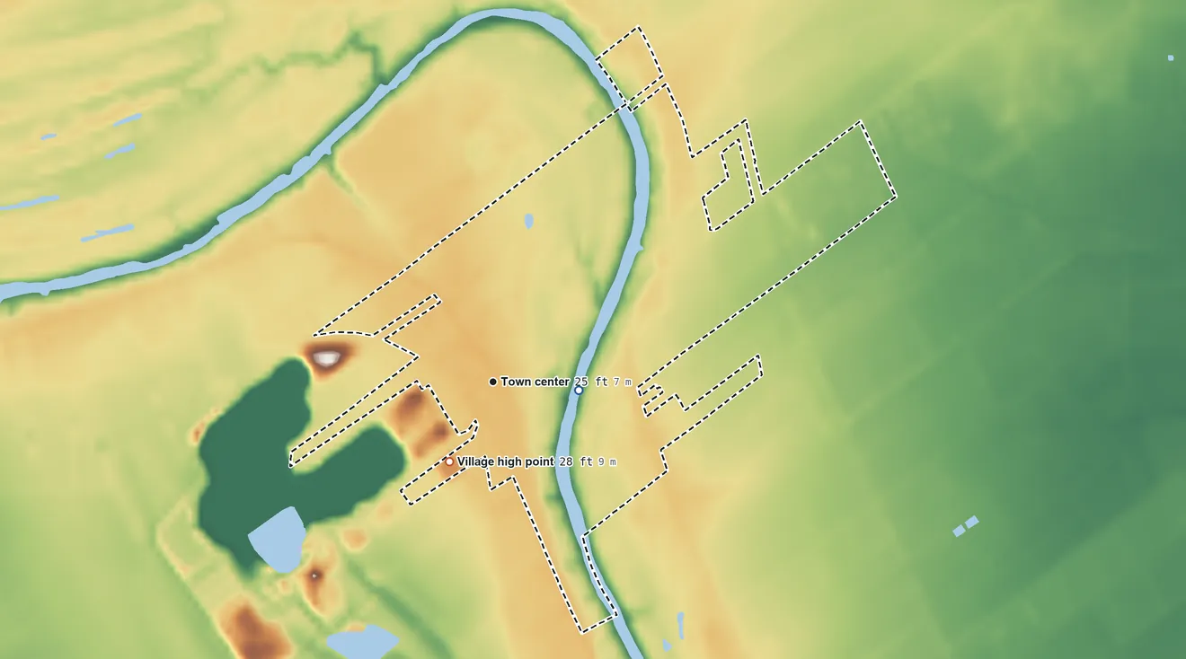 Topographic elevation map of Parks, Louisiana, shaded from 9 ft on the east side to 28 ft on the southwest side