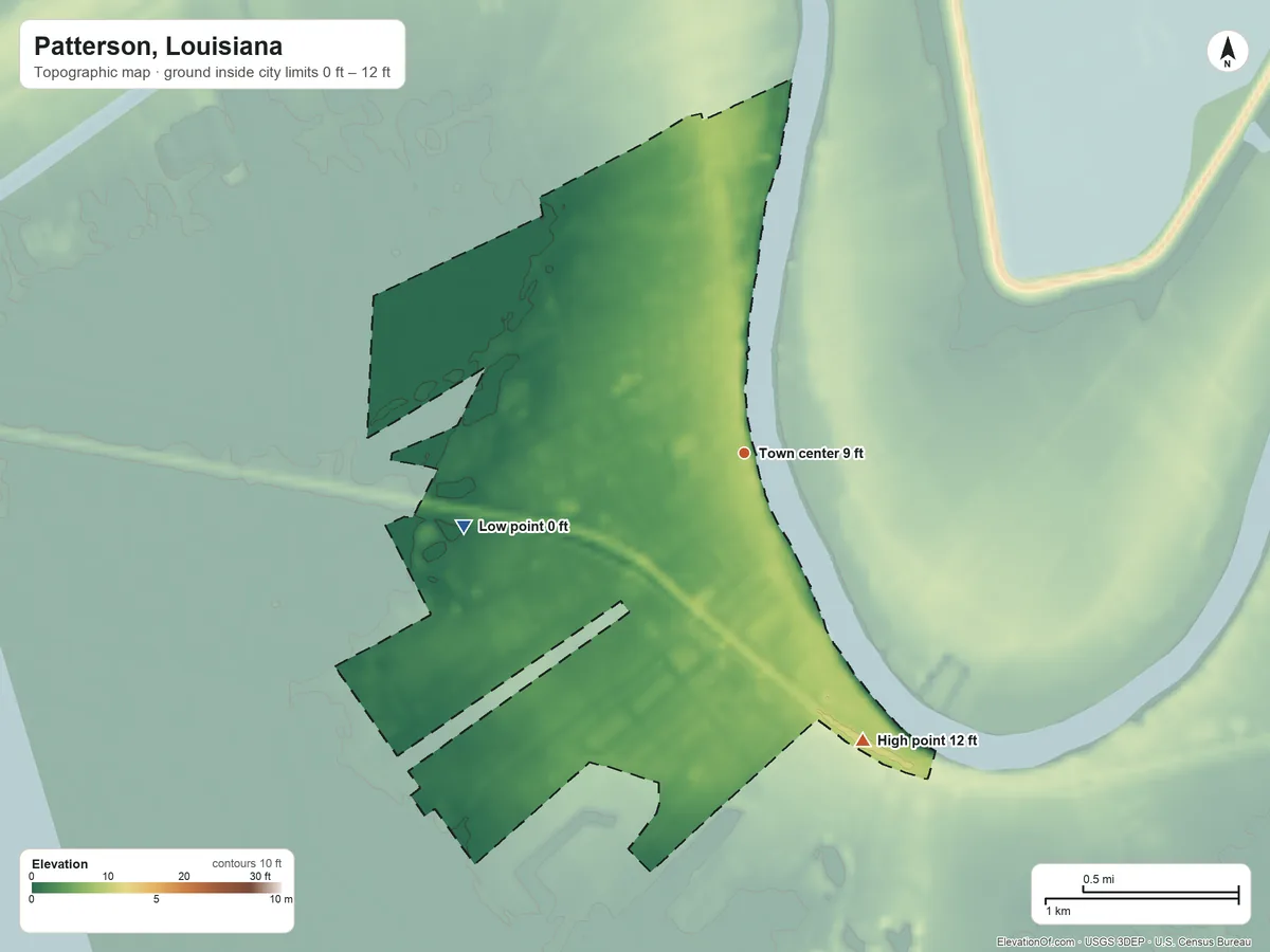 Topographic elevation map of Patterson, Louisiana, shaded from 0 ft on the west side to 12 ft on the south side