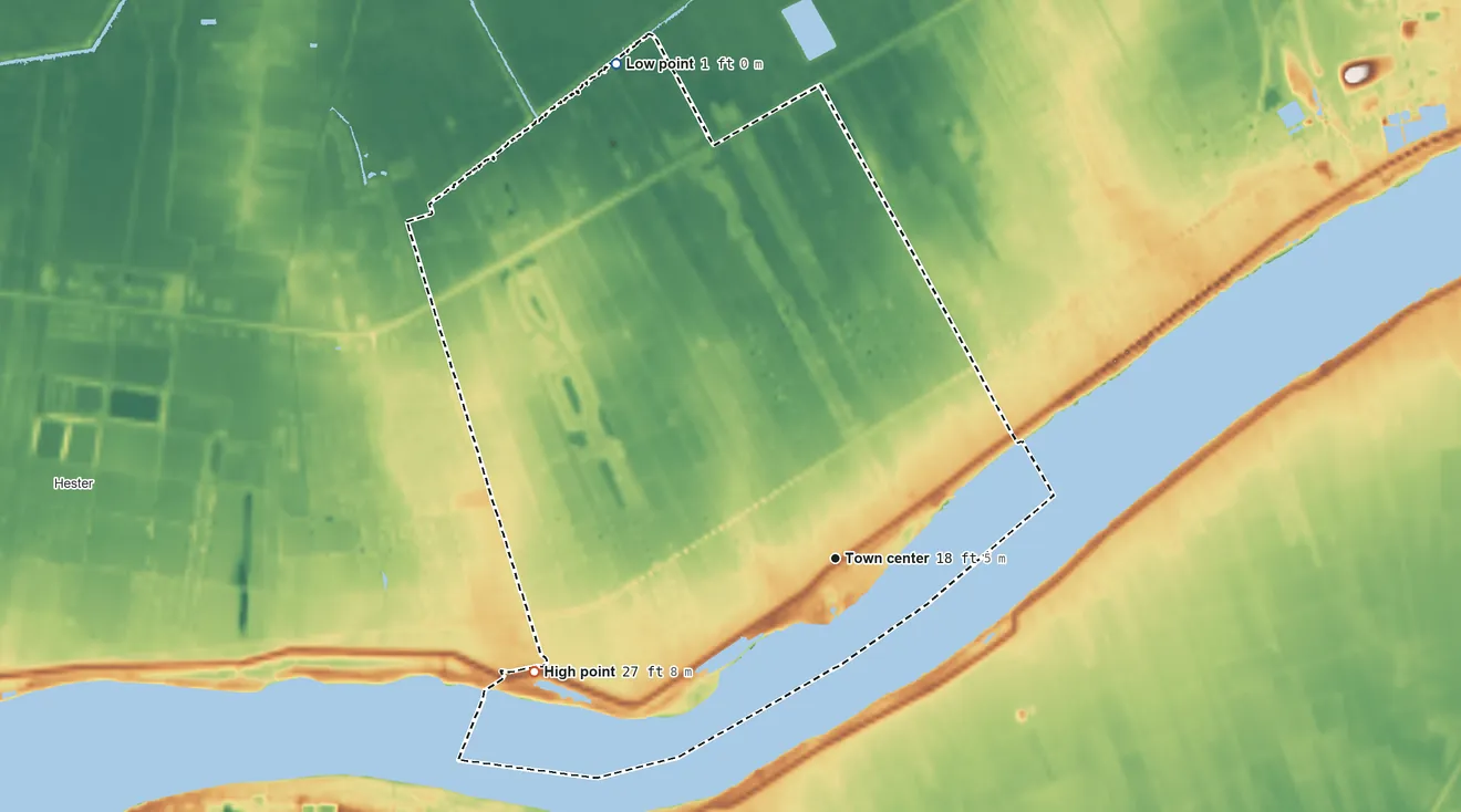 Topographic elevation map of Paulina, Louisiana, shaded from 1 ft on the northwest side to 27 ft on the west side
