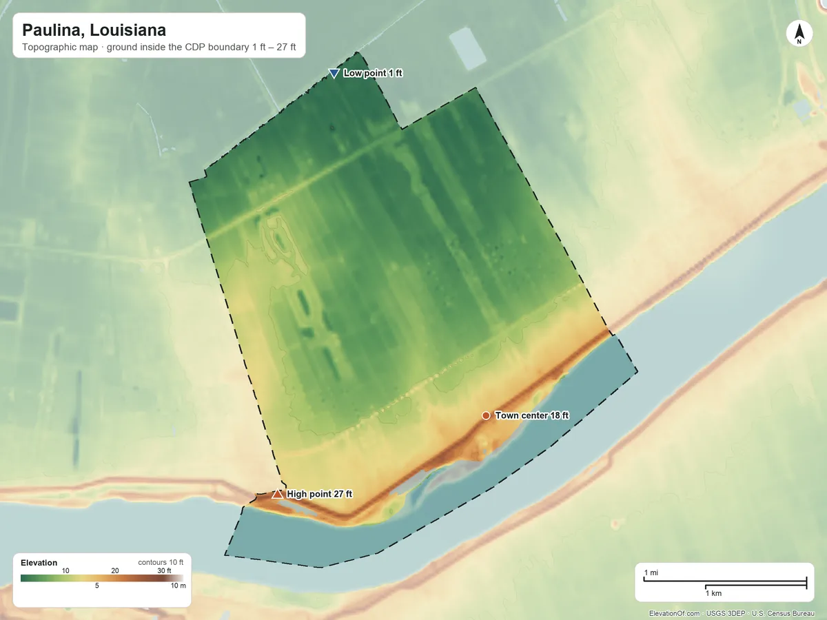 Topographic elevation map of Paulina, Louisiana, shaded from 1 ft on the northwest side to 27 ft on the west side