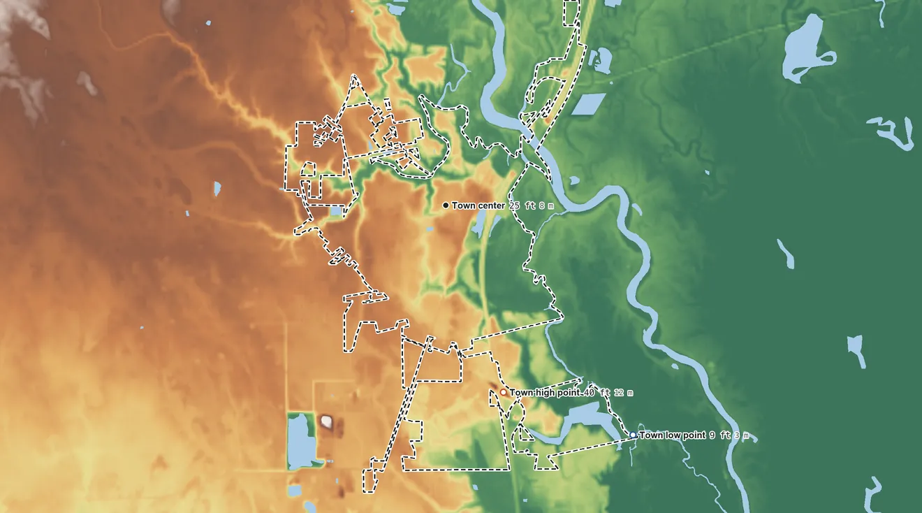 Topographic elevation map of Pearl River, Louisiana, shaded from 9 ft on the southeast side to 40 ft on the south side