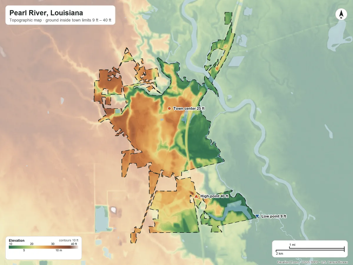 Topographic elevation map of Pearl River, Louisiana, shaded from 9 ft on the southeast side to 40 ft on the south side