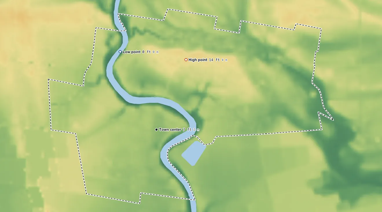 Topographic elevation map of Perry, Louisiana, shaded from 0 ft on the northwest side to 14 ft on the northeast side