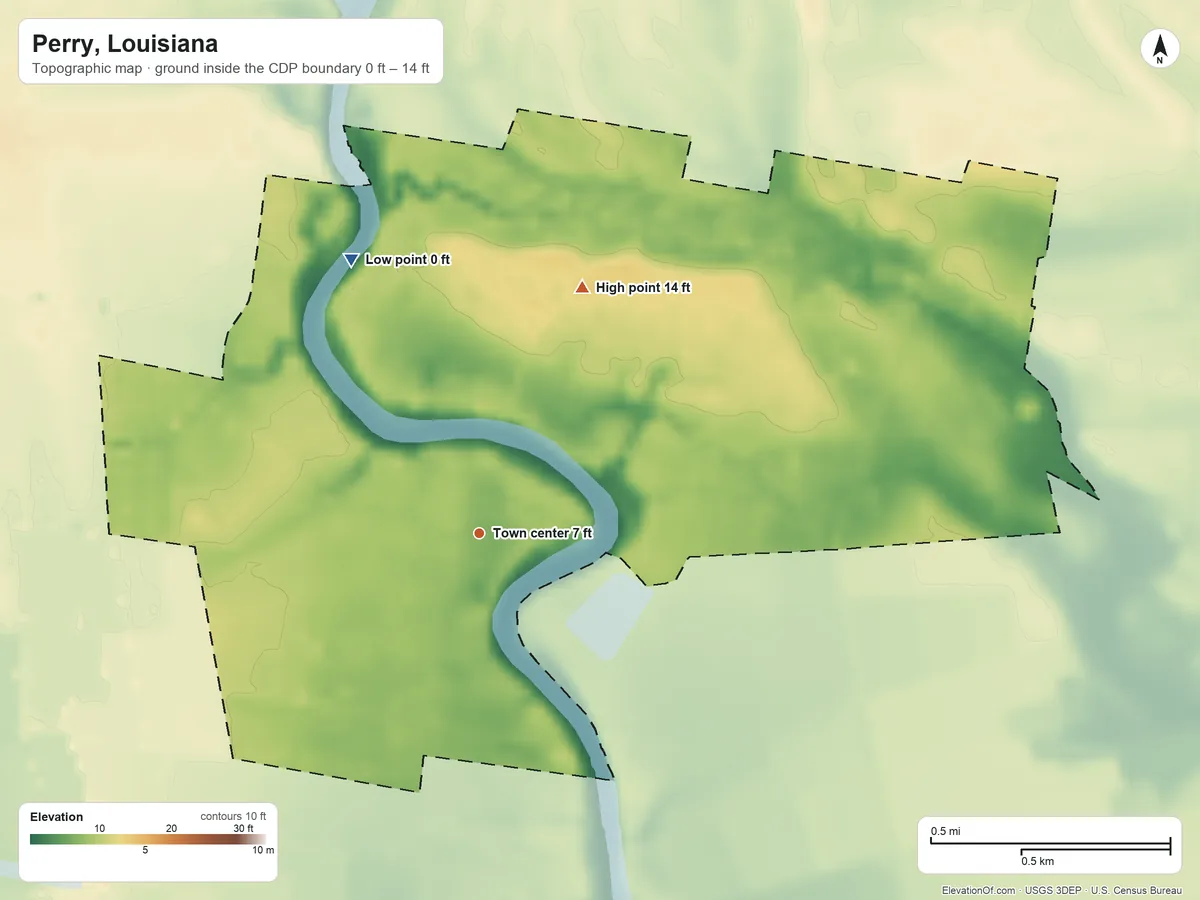 Topographic elevation map of Perry, Louisiana, shaded from 0 ft on the northwest side to 14 ft on the northeast side