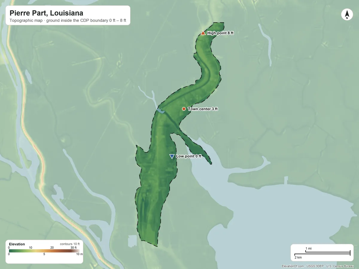 Topographic elevation map of Pierre Part, Louisiana, shaded from 0 ft on the south side to 8 ft on the north side