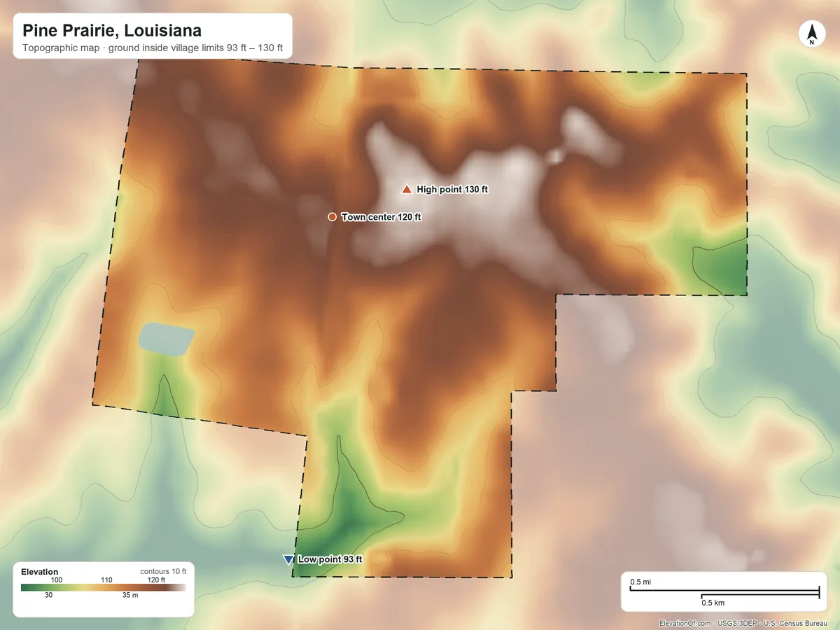 Topographic elevation map of Pine Prairie, Louisiana, shaded from 93 ft on the south side to 130 ft near the middle