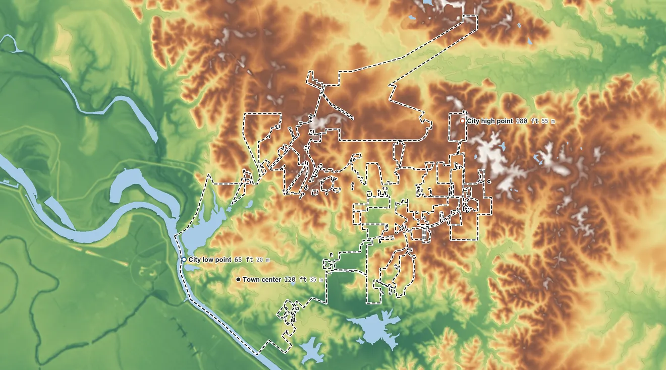 Topographic elevation map of Pineville, Louisiana, shaded from 65 ft on the west side to 180 ft on the northeast side