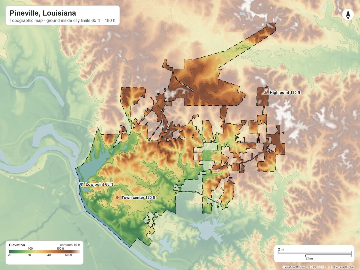 Topographic elevation map of Pineville, Louisiana, shaded from 65 ft on the west side to 180 ft on the northeast side